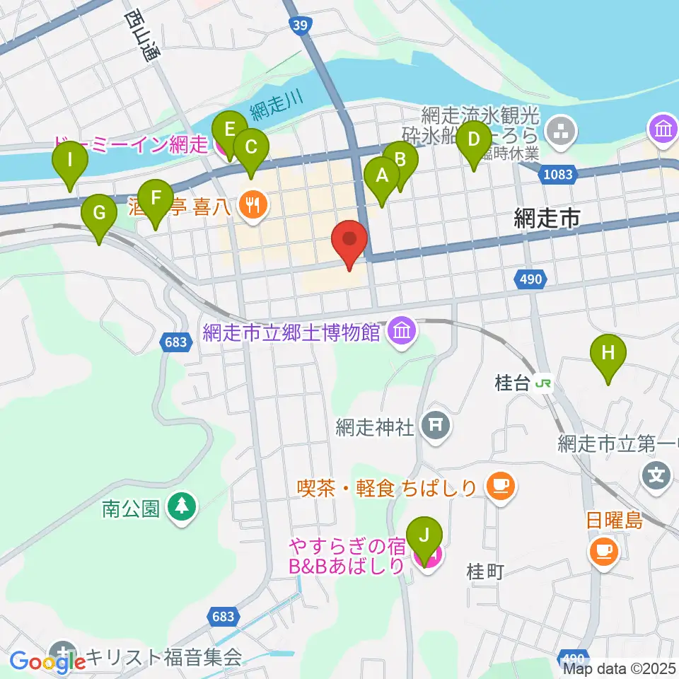 網走市立美術館周辺のホテル一覧地図