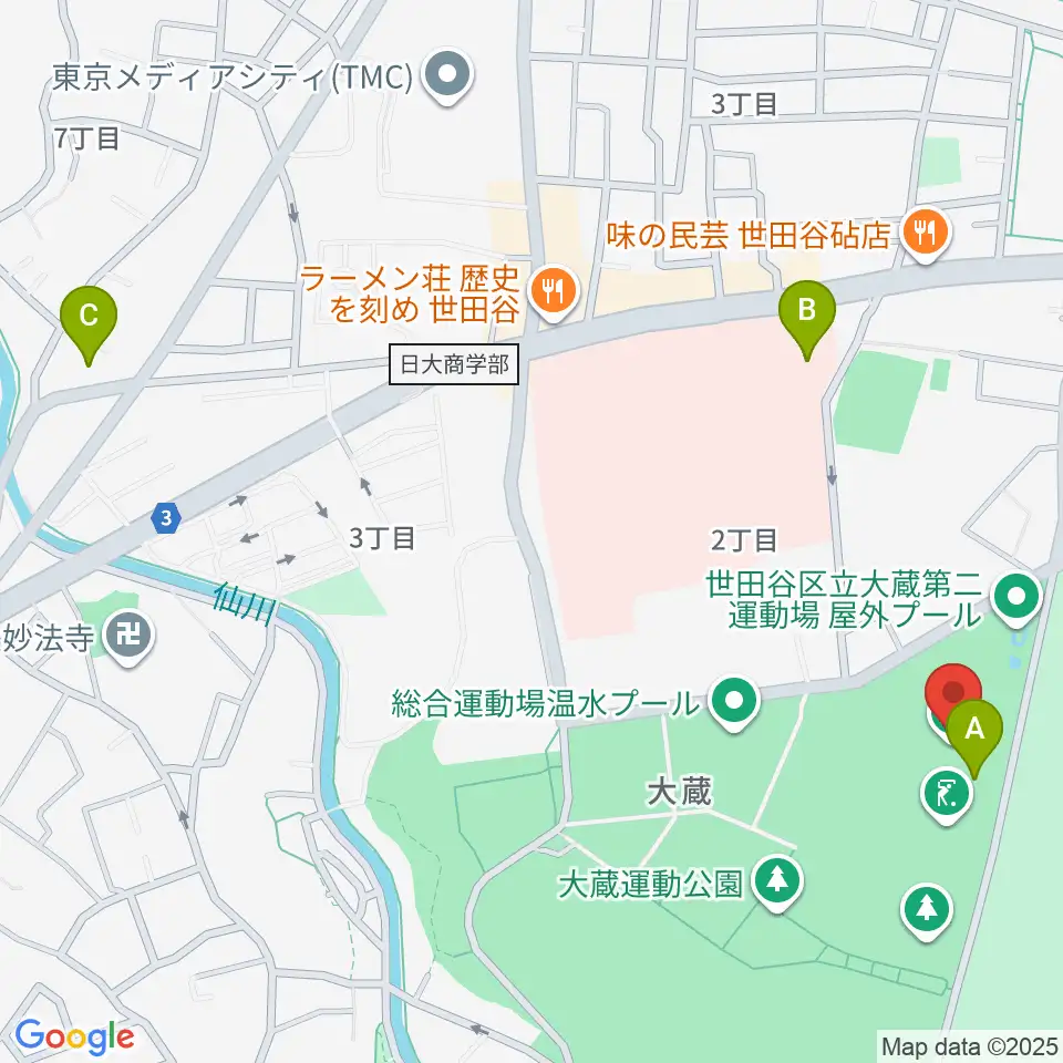 大蔵第二運動場体育館周辺のホテル一覧地図