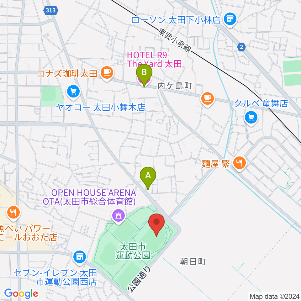 太田市運動公園陸上競技場周辺のホテル一覧地図