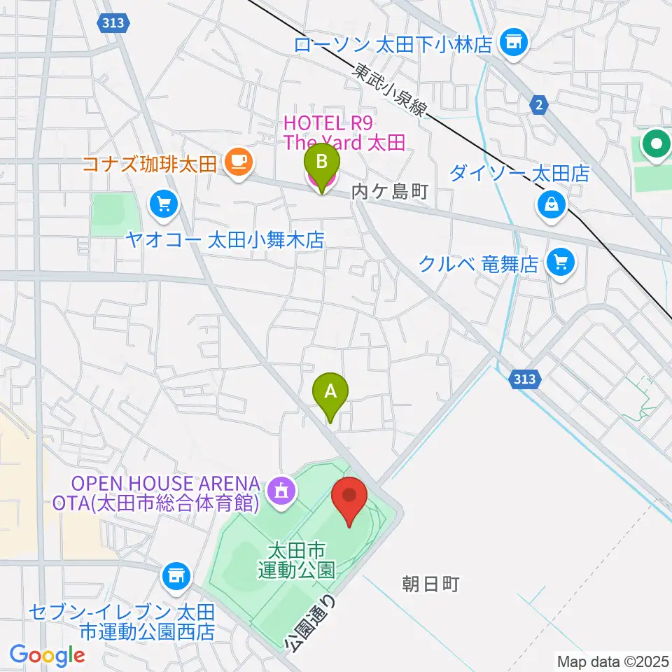 太田市運動公園陸上競技場周辺のホテル一覧地図