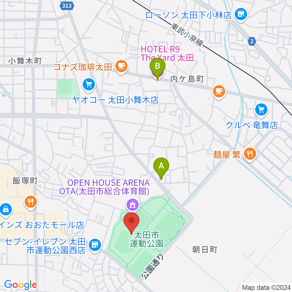 太田市運動公園野球場周辺のホテル一覧地図