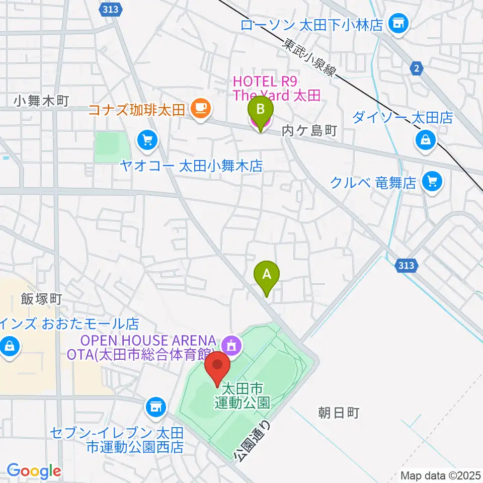 太田市運動公園野球場周辺のホテル一覧地図