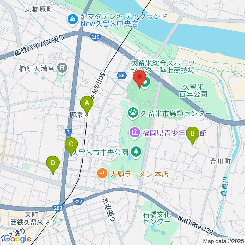 福岡県立久留米総合スポーツセンター陸上競技場周辺のホテル一覧地図