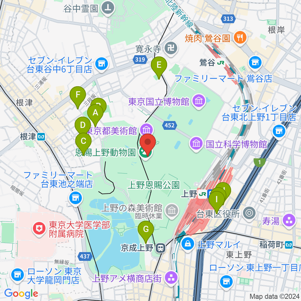 上野動物園周辺のホテル一覧地図