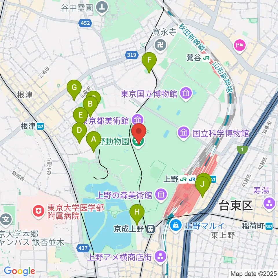 上野動物園周辺のホテル一覧地図