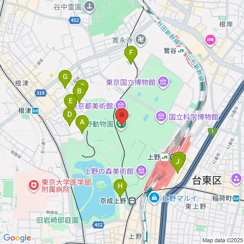 上野動物園周辺のホテル一覧地図
