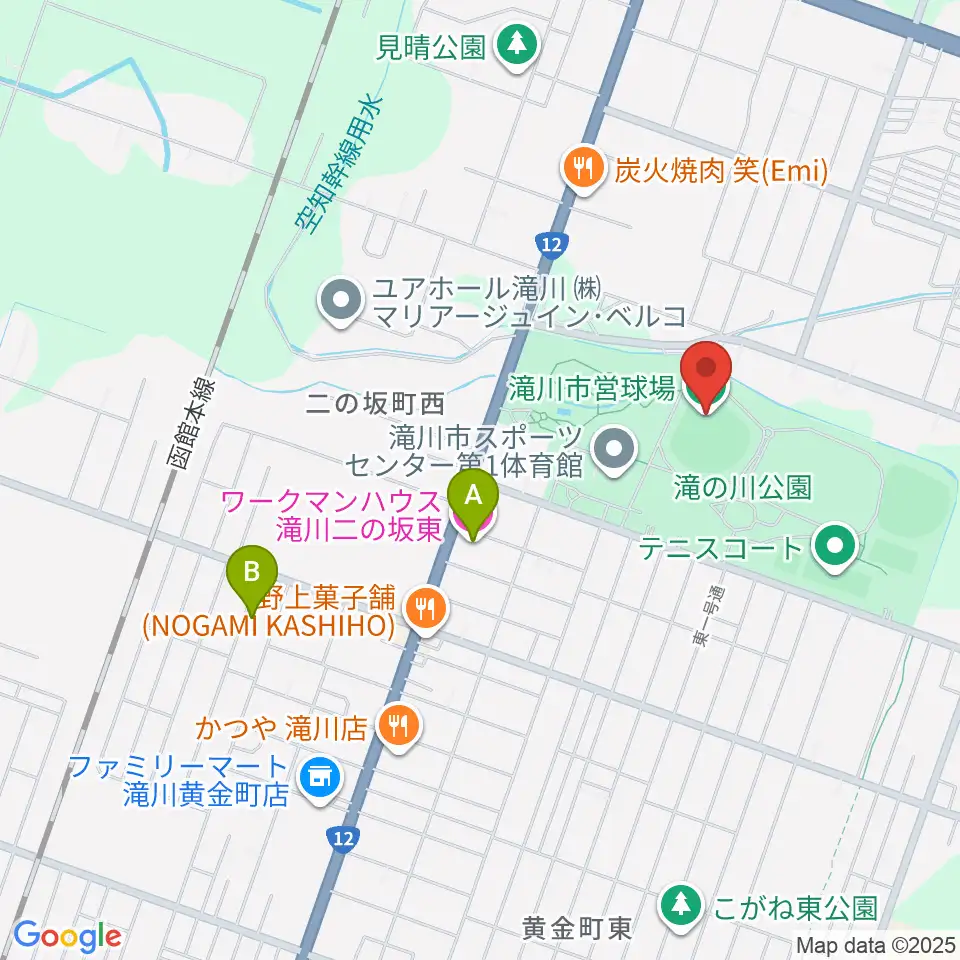 滝川市営球場周辺のホテル一覧地図