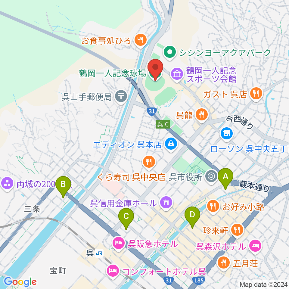 鶴岡一人記念球場周辺のホテル一覧地図