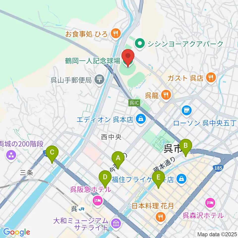 鶴岡一人記念球場周辺のホテル一覧地図
