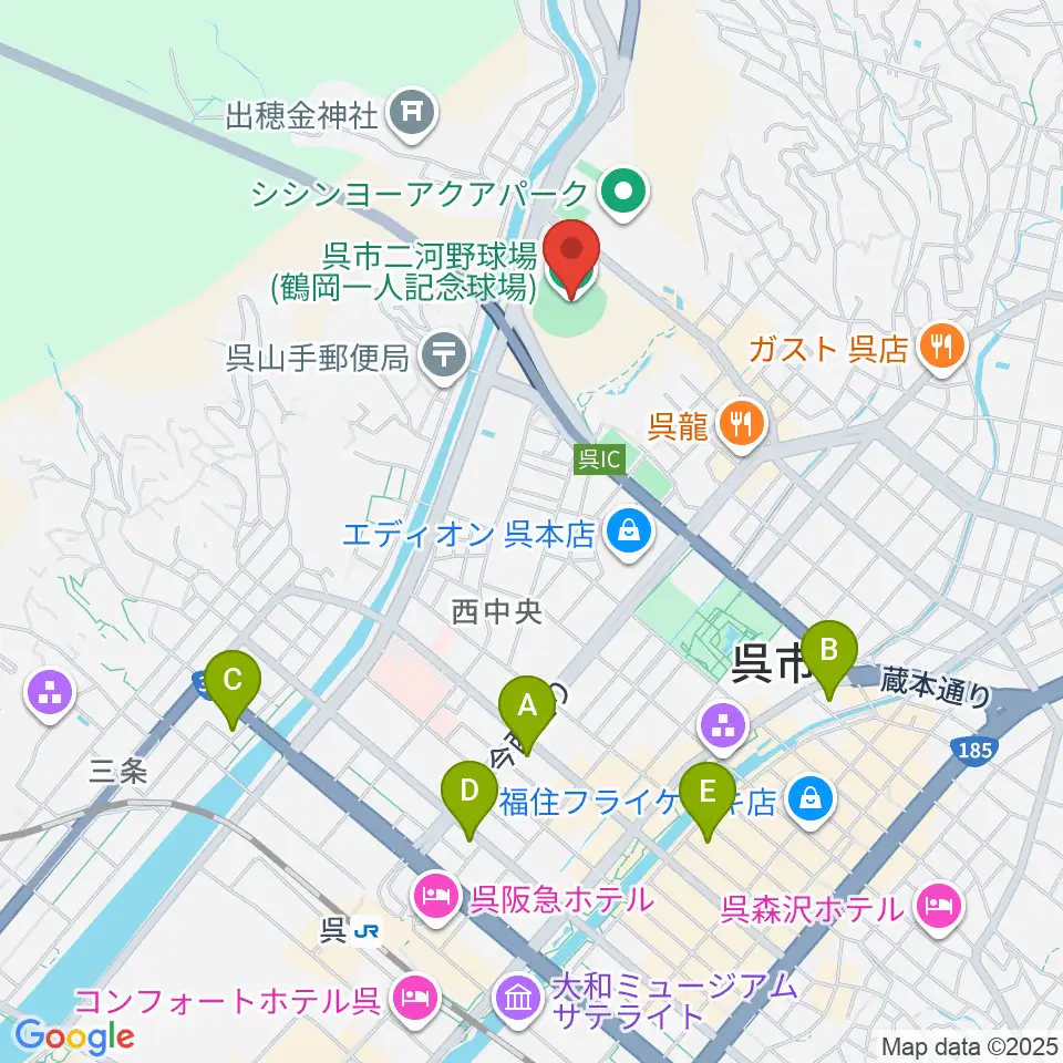 鶴岡一人記念球場周辺のホテル一覧地図
