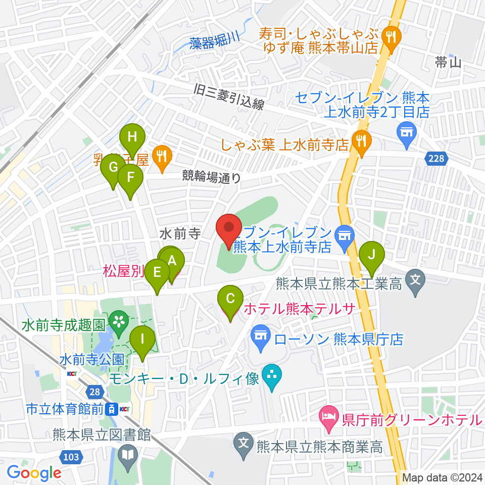 熊本市水前寺野球場周辺のホテル一覧地図