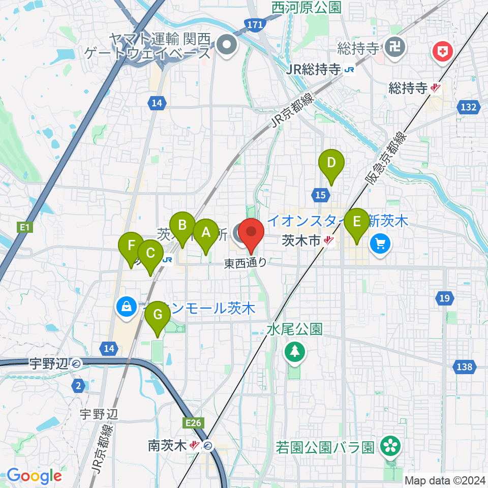 おにクル 茨木市文化子育て複合施設周辺のホテル一覧地図