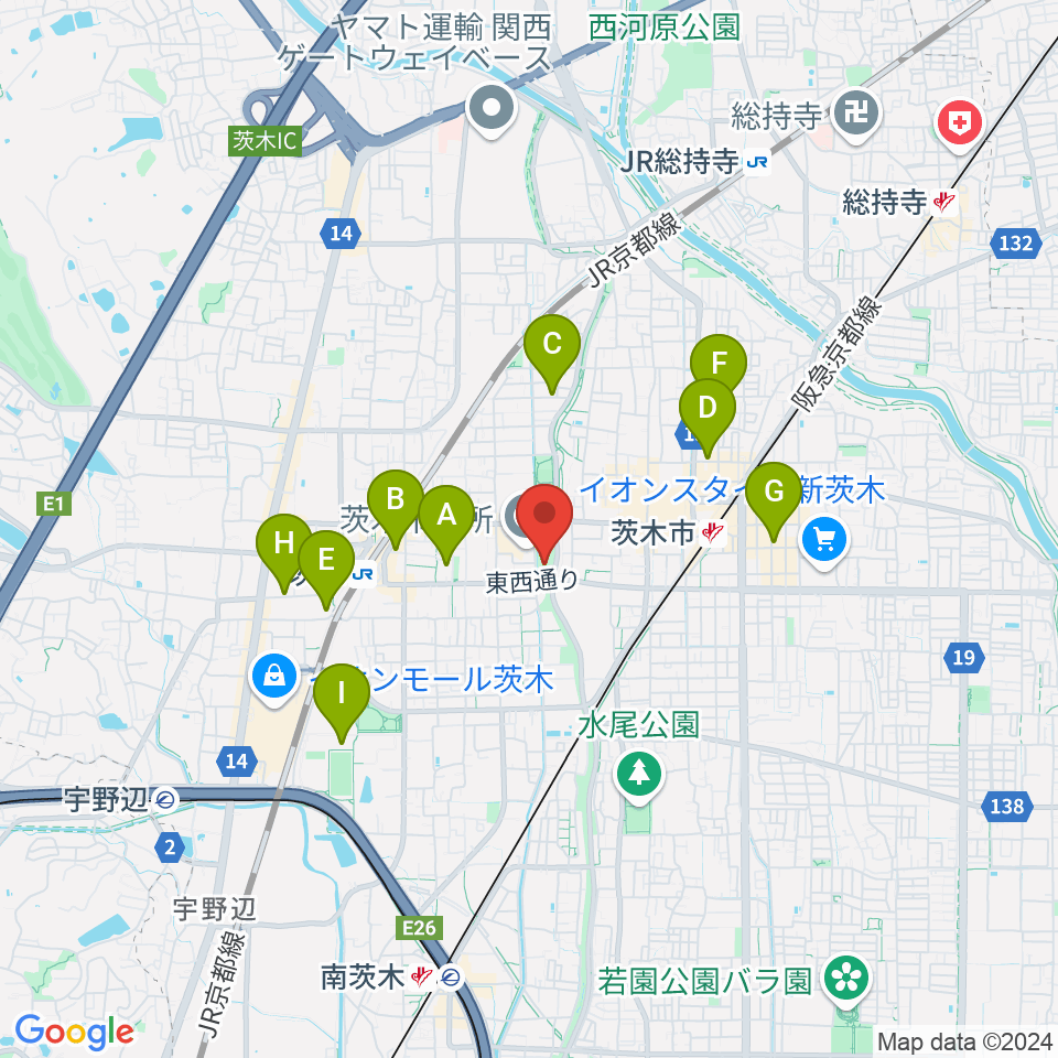 おにクル 茨木市文化子育て複合施設周辺のホテル一覧地図