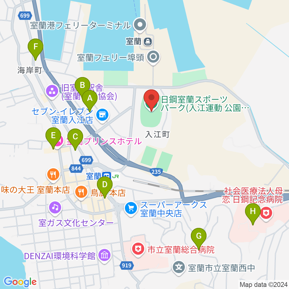 日鋼室蘭スポーツパーク周辺のホテル一覧地図