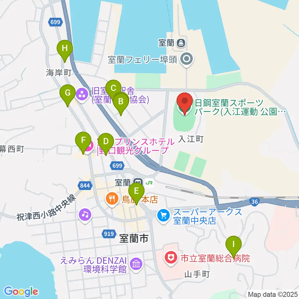 日鋼室蘭スポーツパーク周辺のホテル一覧地図