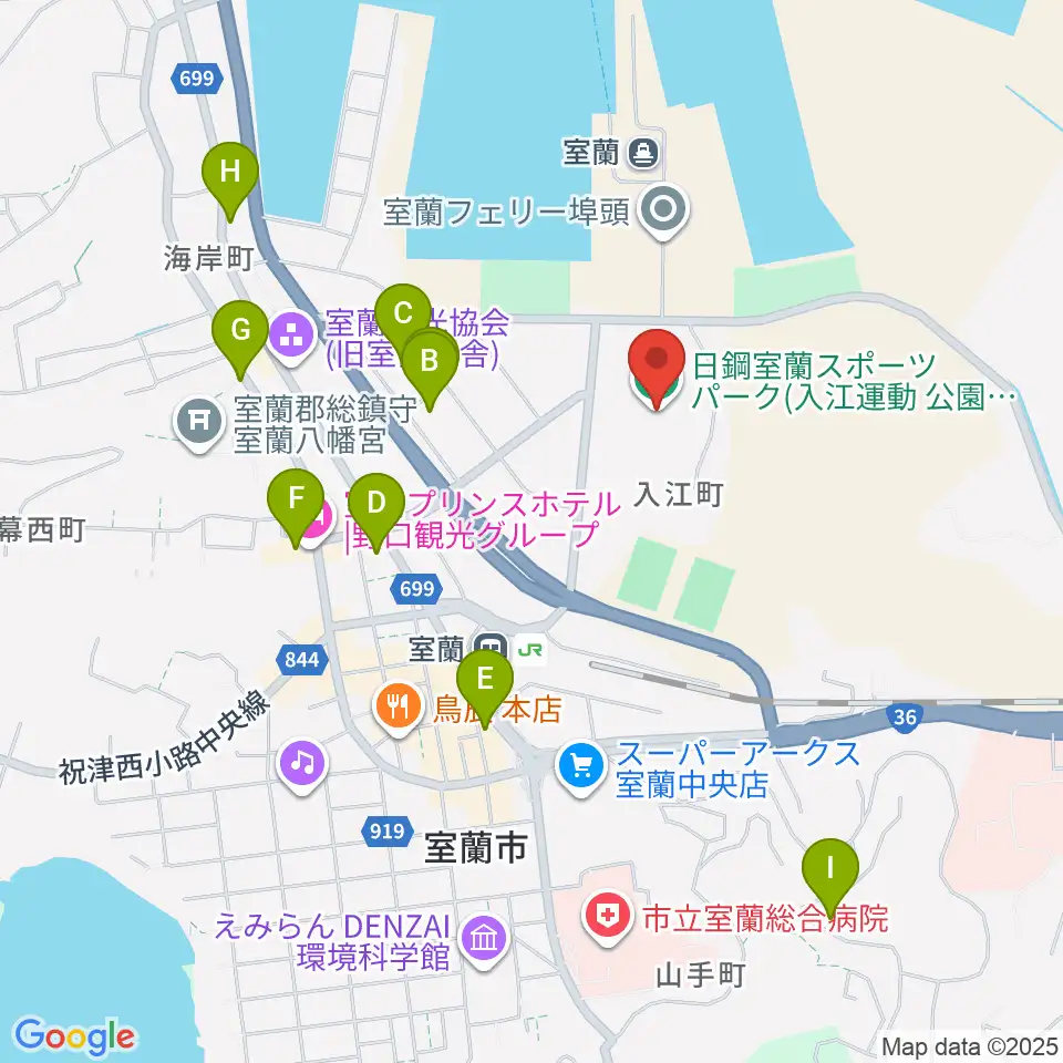日鋼室蘭スポーツパーク周辺のホテル一覧地図