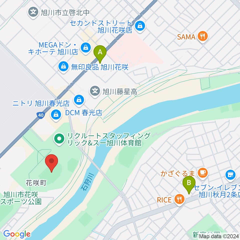 旭川市花咲スポーツ公園陸上競技場周辺のホテル一覧地図