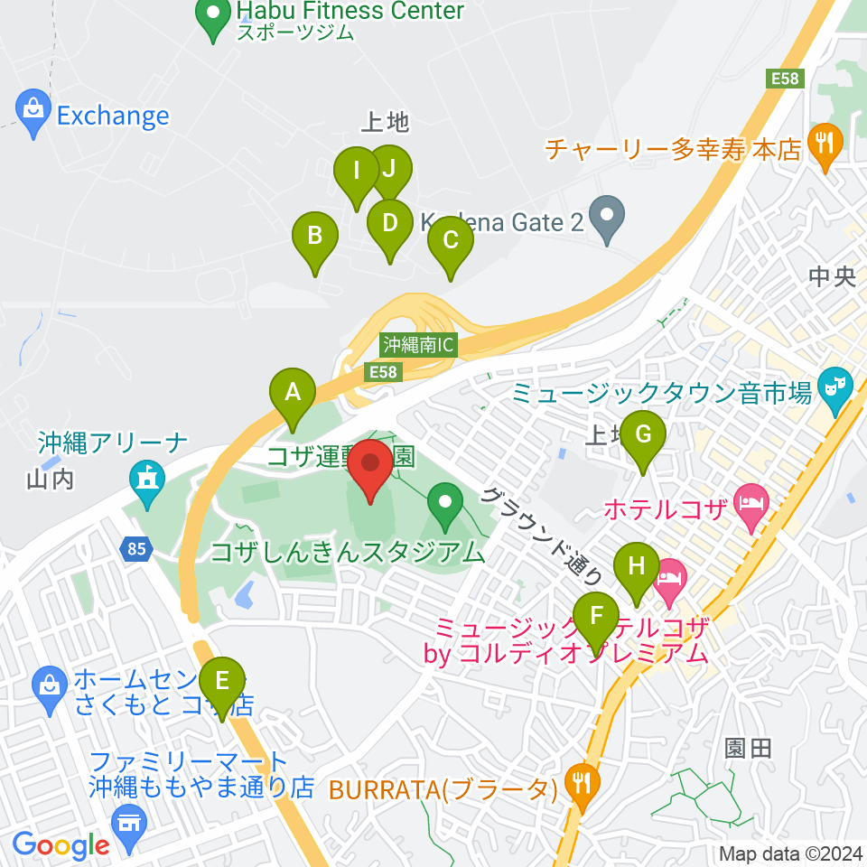 沖縄市陸上競技場周辺のホテル一覧地図