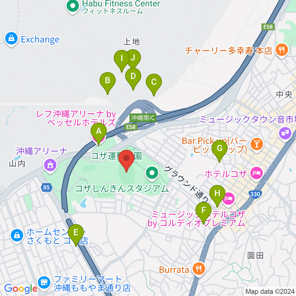 沖縄市陸上競技場周辺のホテル一覧地図