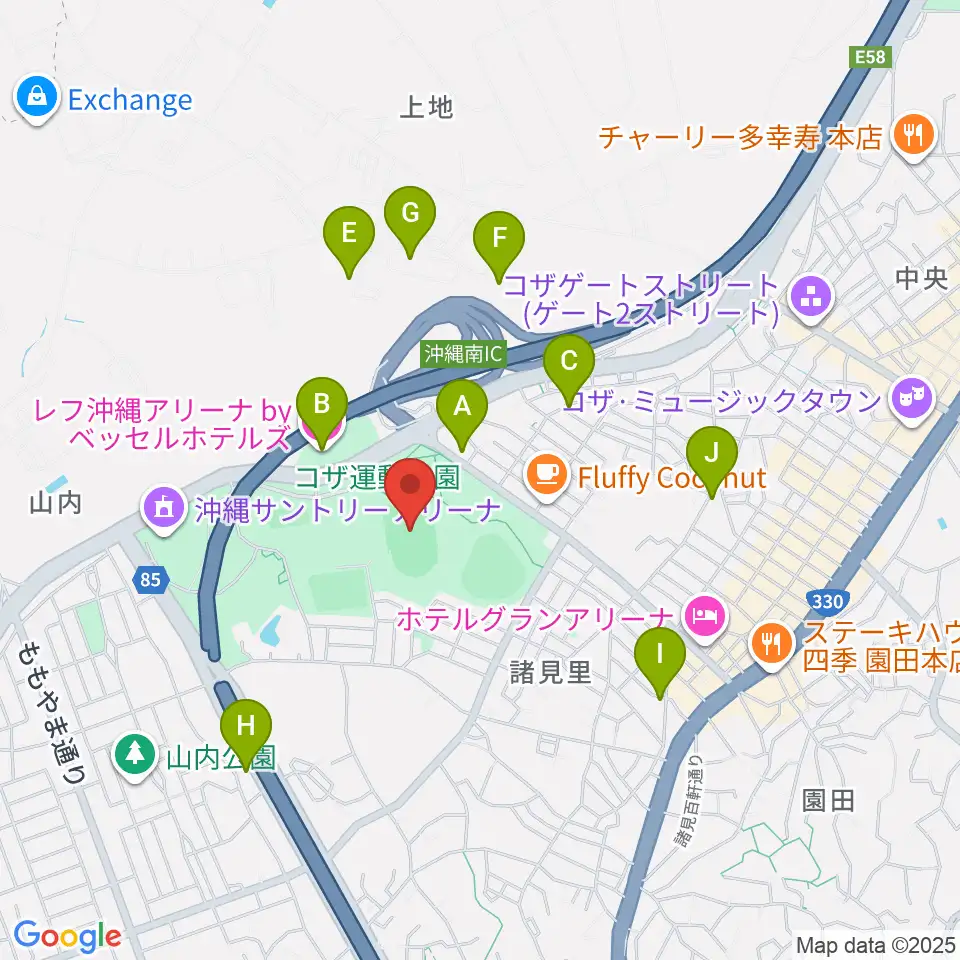 沖縄市陸上競技場周辺のホテル一覧地図