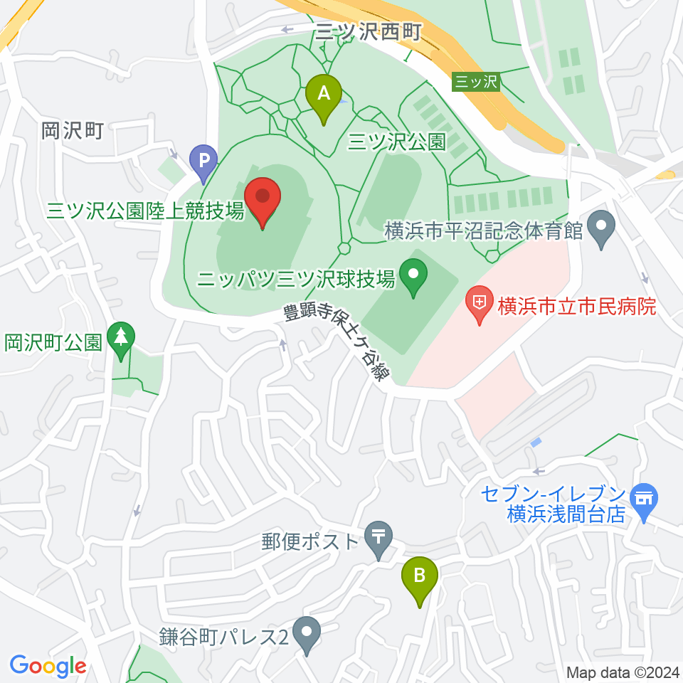 三ツ沢公園陸上競技場周辺のホテル一覧地図