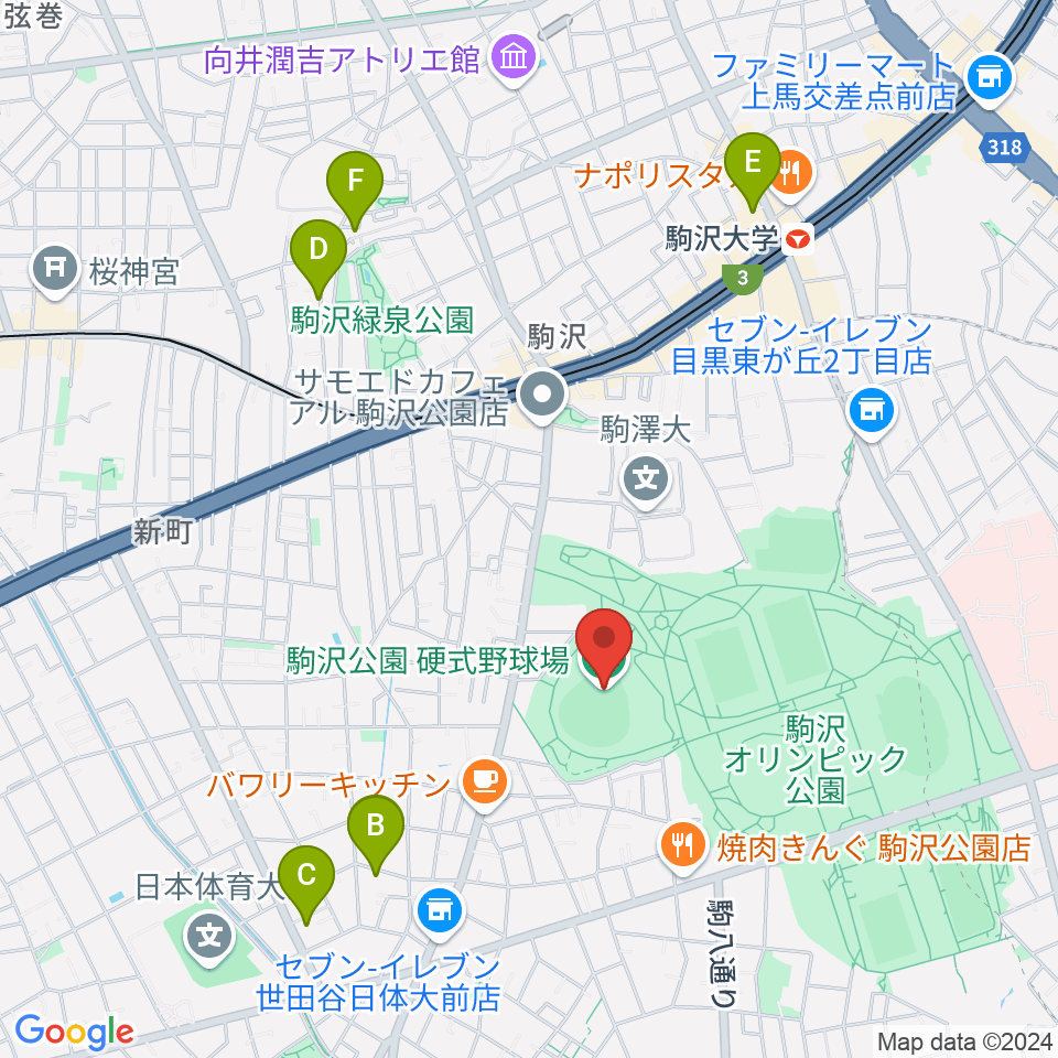 駒沢オリンピック公園硬式野球場周辺のホテル一覧地図