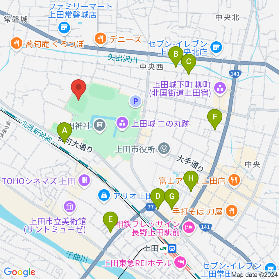 上田城跡公園野球場周辺のホテル一覧地図