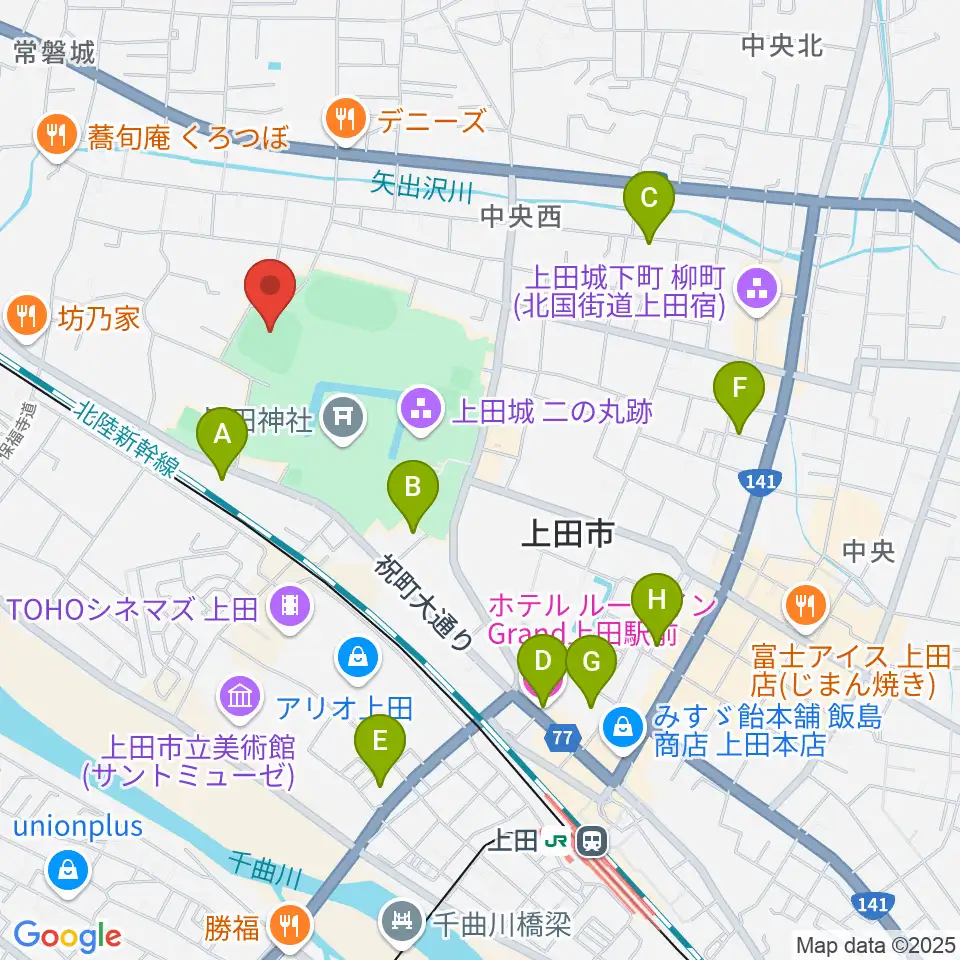 上田城跡公園野球場周辺のホテル一覧地図