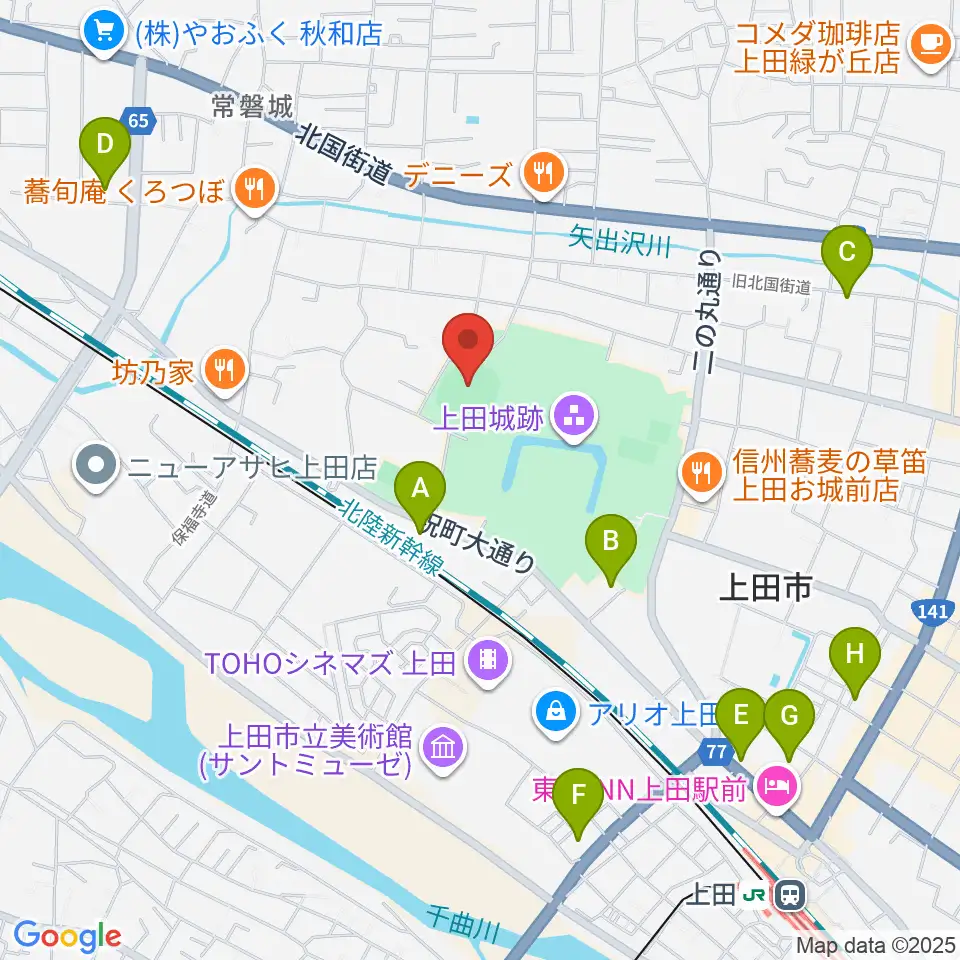 上田城跡公園野球場周辺のホテル一覧地図