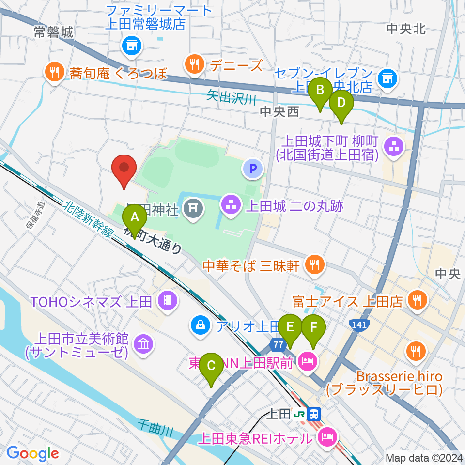 上田城跡公園体育館周辺のホテル一覧地図