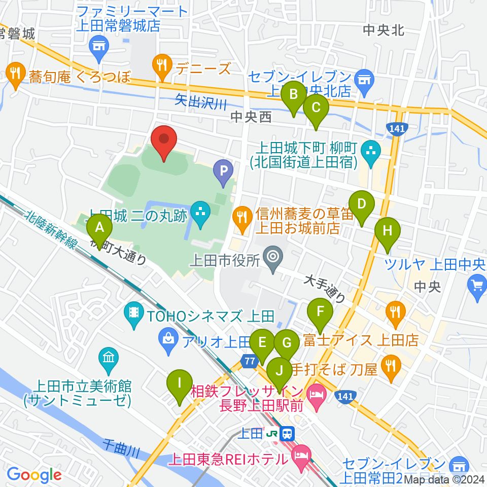 上田城跡公園陸上競技場周辺のホテル一覧地図