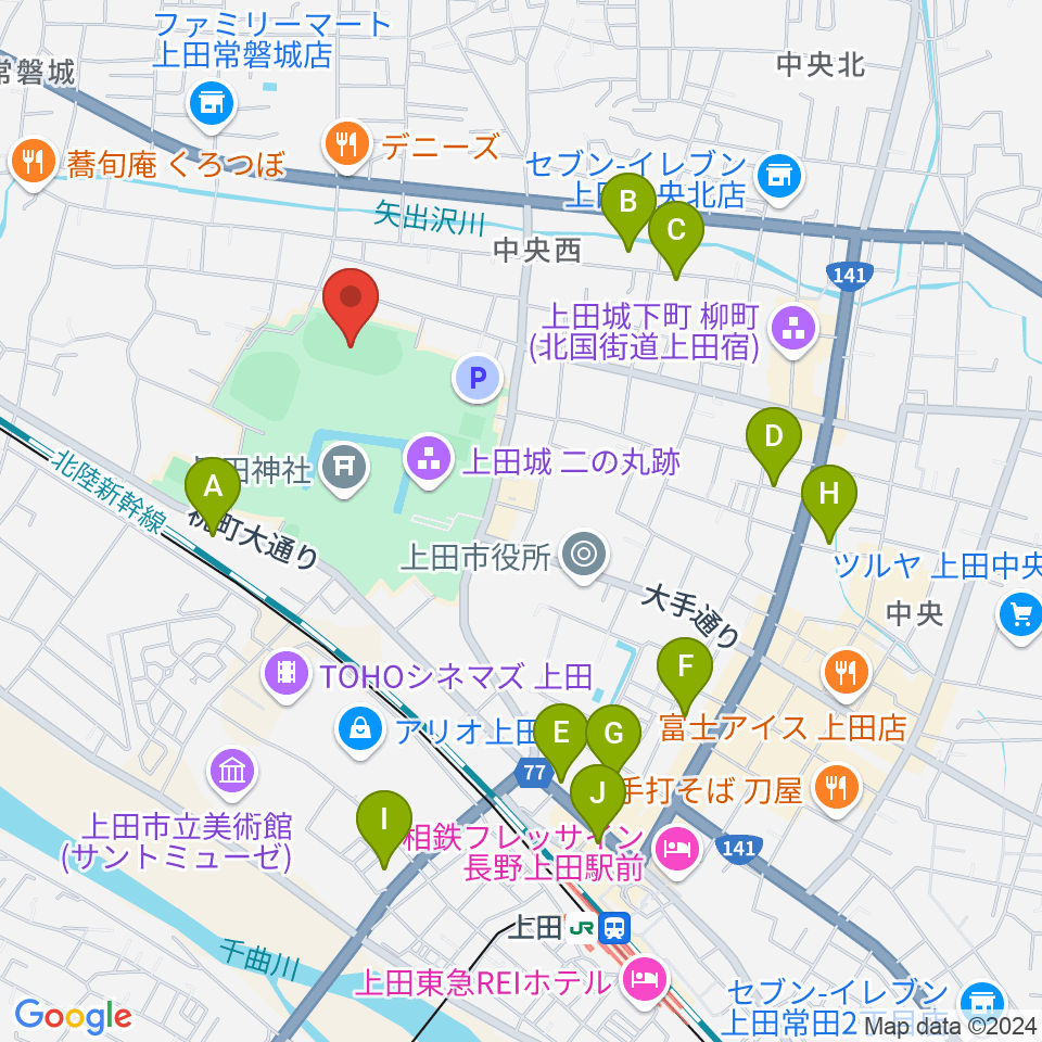 上田城跡公園陸上競技場周辺のホテル一覧地図