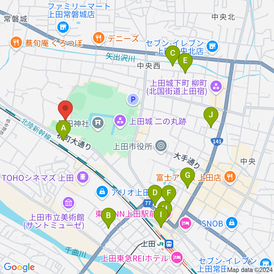 上田城跡公園第二体育館周辺のホテル一覧地図