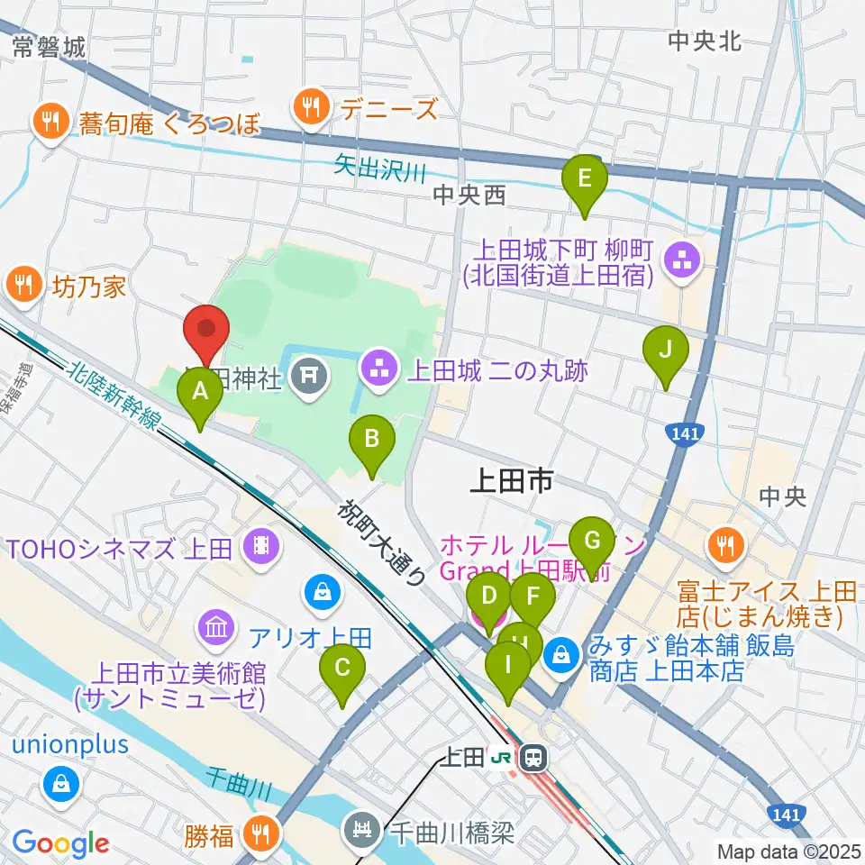 上田城跡公園第二体育館周辺のホテル一覧地図