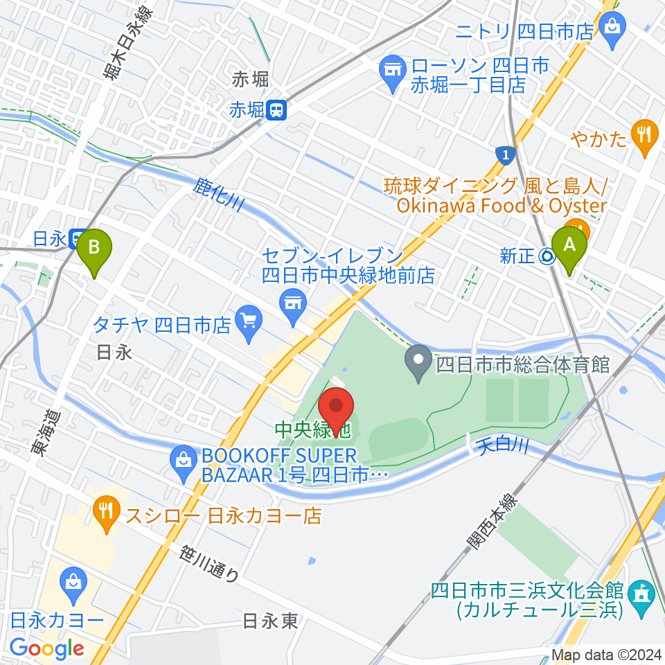 四日市市中央陸上競技場周辺のホテル一覧地図