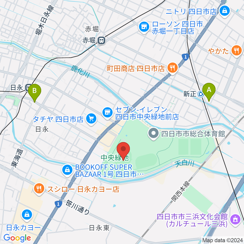 四日市市中央陸上競技場周辺のホテル一覧地図