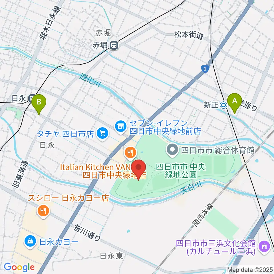 四日市市中央陸上競技場周辺のホテル一覧地図