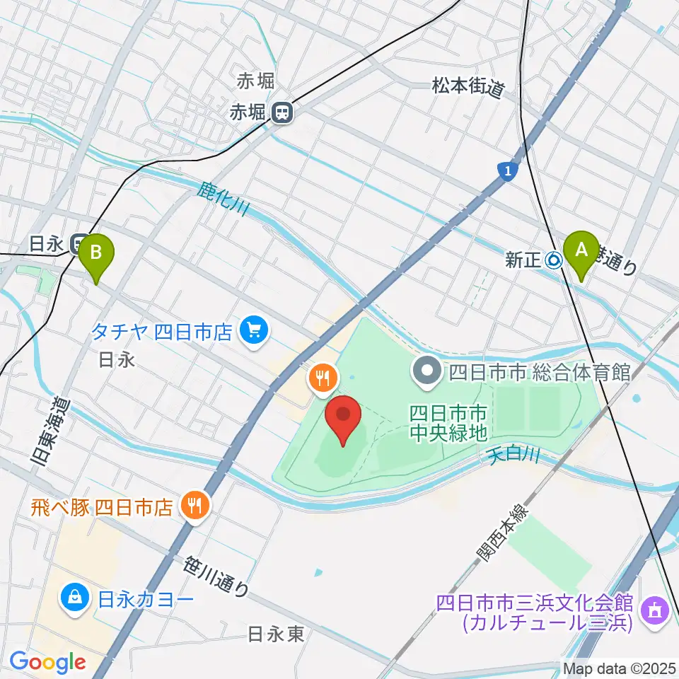 四日市市中央陸上競技場周辺のホテル一覧地図