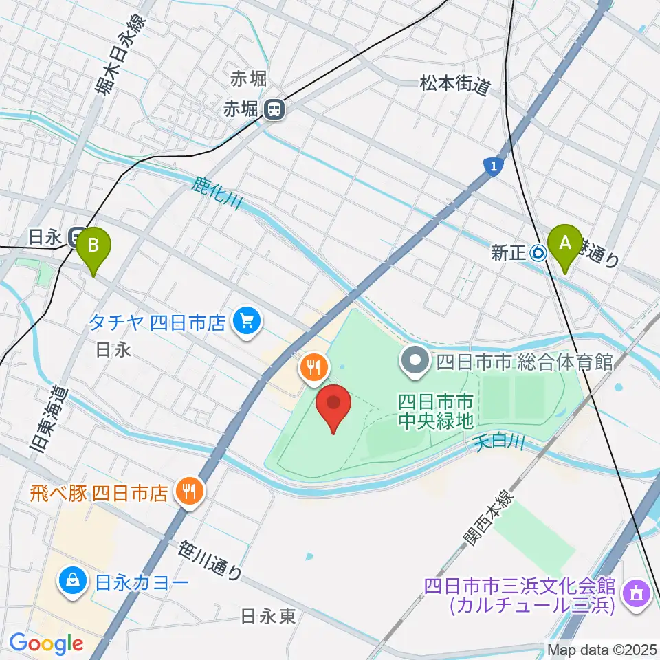 四日市市中央陸上競技場周辺のホテル一覧地図