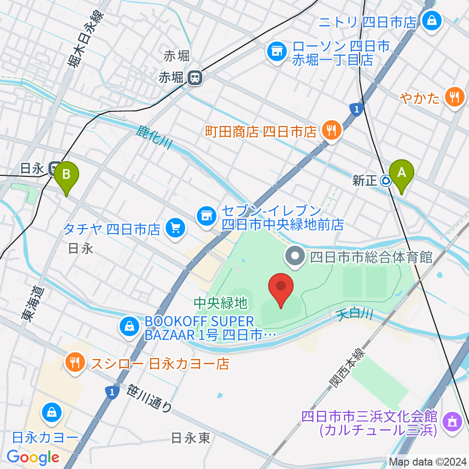 四日市市中央フットボール場Aフィールド周辺のホテル一覧地図