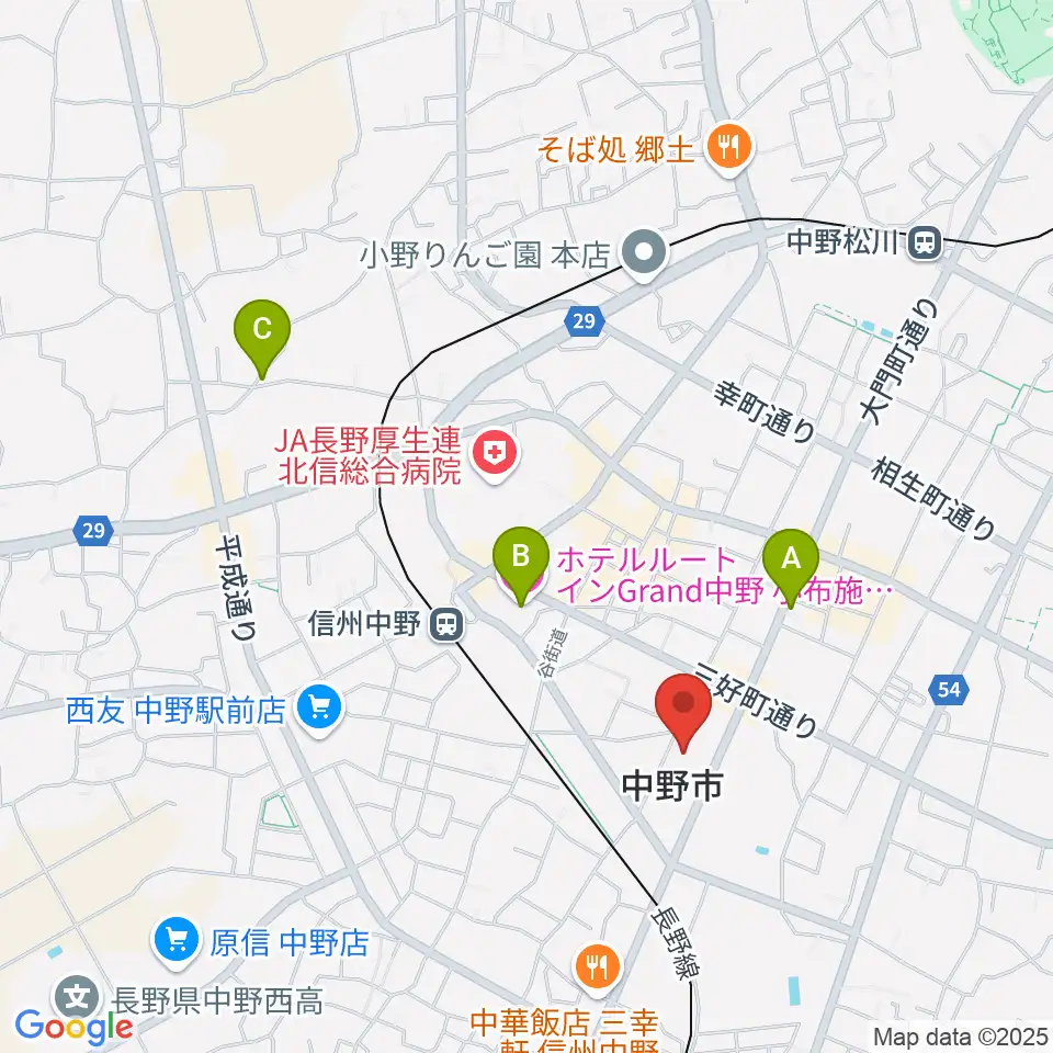 中野市市民会館 ソソラホール周辺のホテル一覧地図