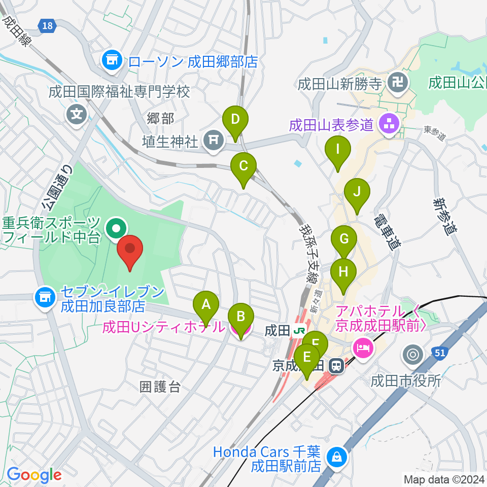 重兵衛スポーツフィールド中台陸上競技場周辺のホテル一覧地図