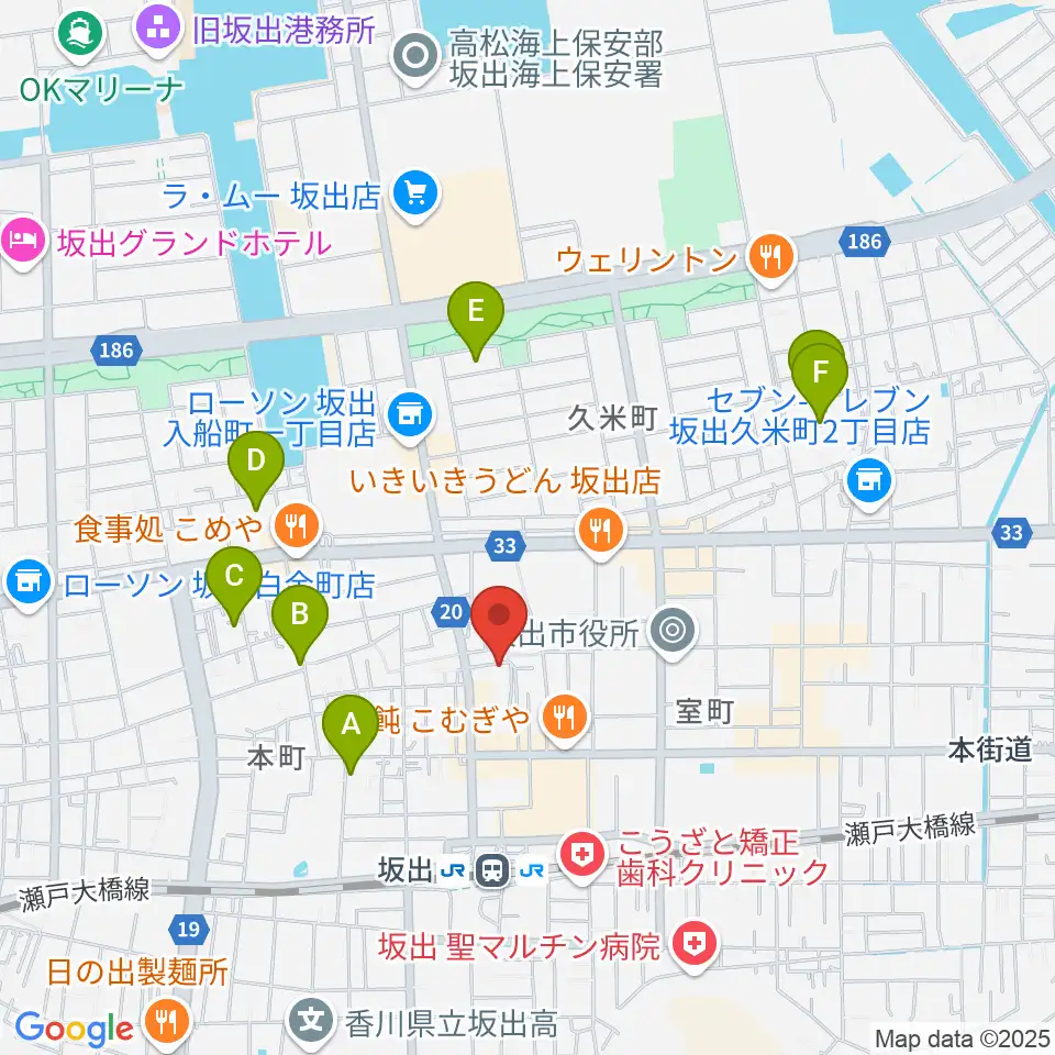 坂出市民ホール周辺のホテル一覧地図