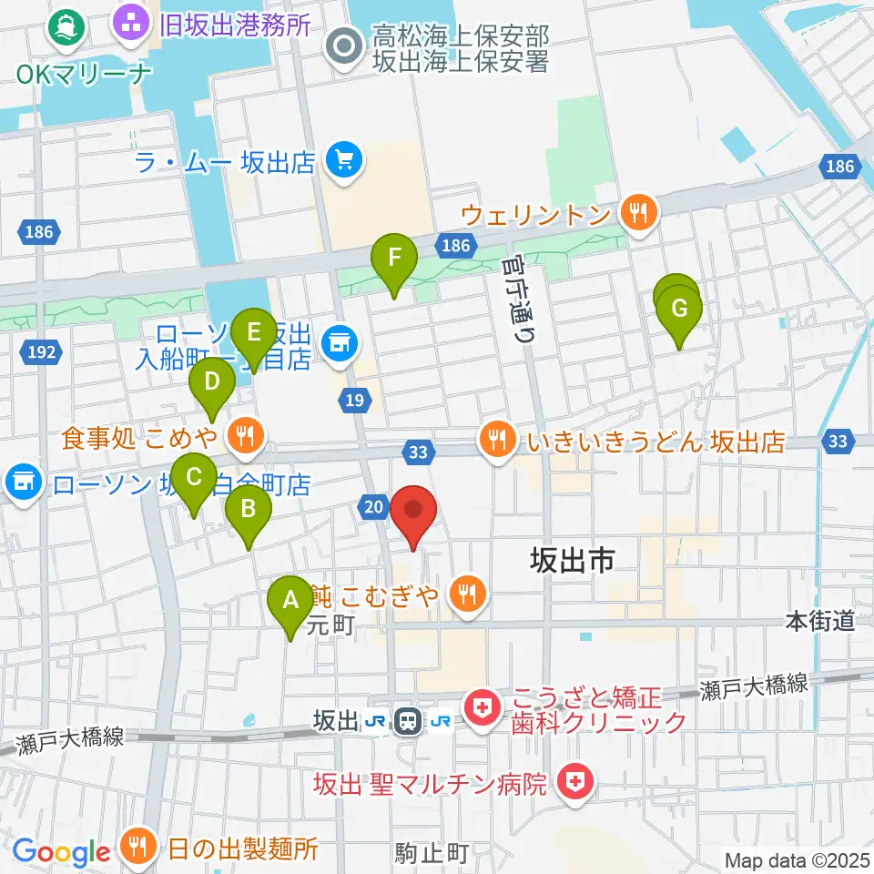 坂出市民ホール周辺のホテル一覧地図