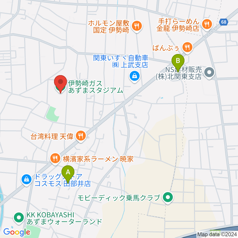 伊勢崎ガスあずまスタジアム周辺のホテル一覧地図