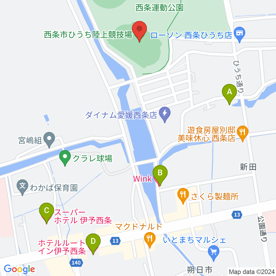  西条市ひうち陸上競技場周辺のホテル一覧地図