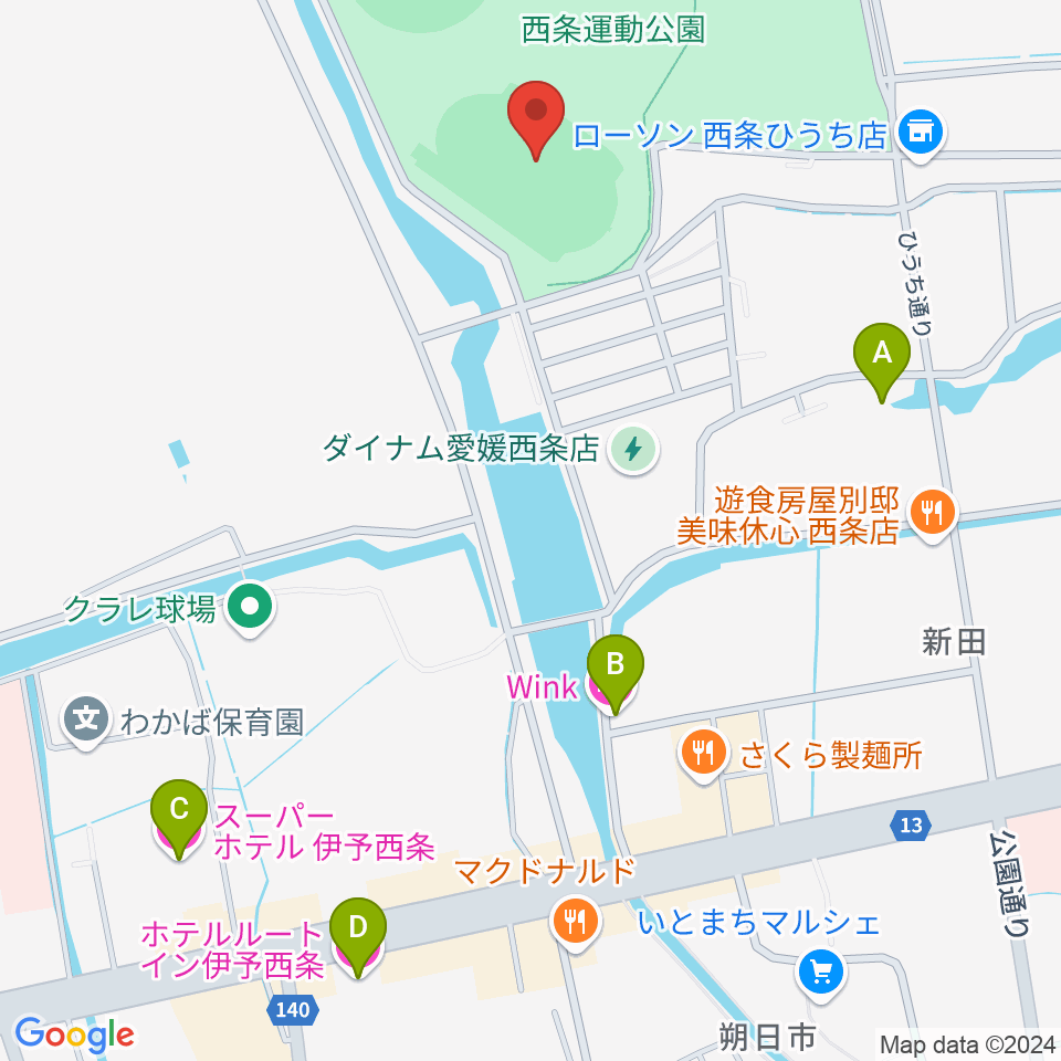  西条市ひうち陸上競技場周辺のホテル一覧地図