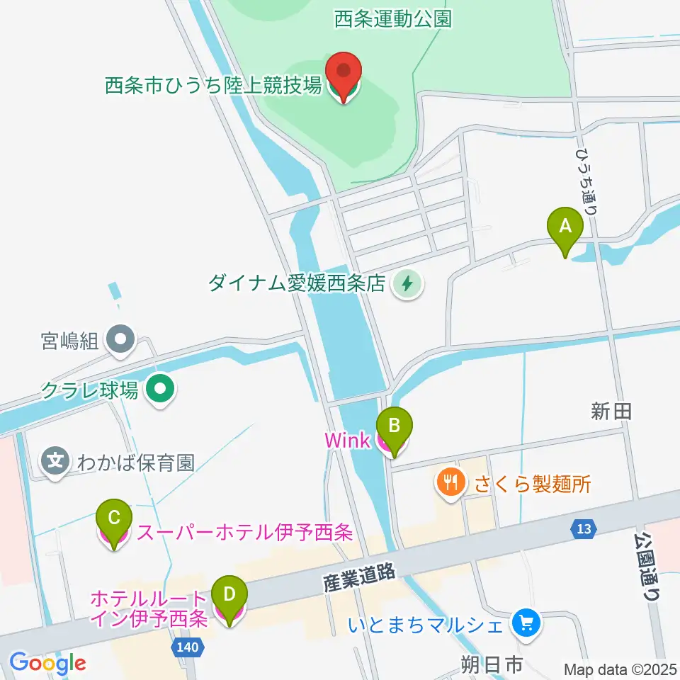  西条市ひうち陸上競技場周辺のホテル一覧地図