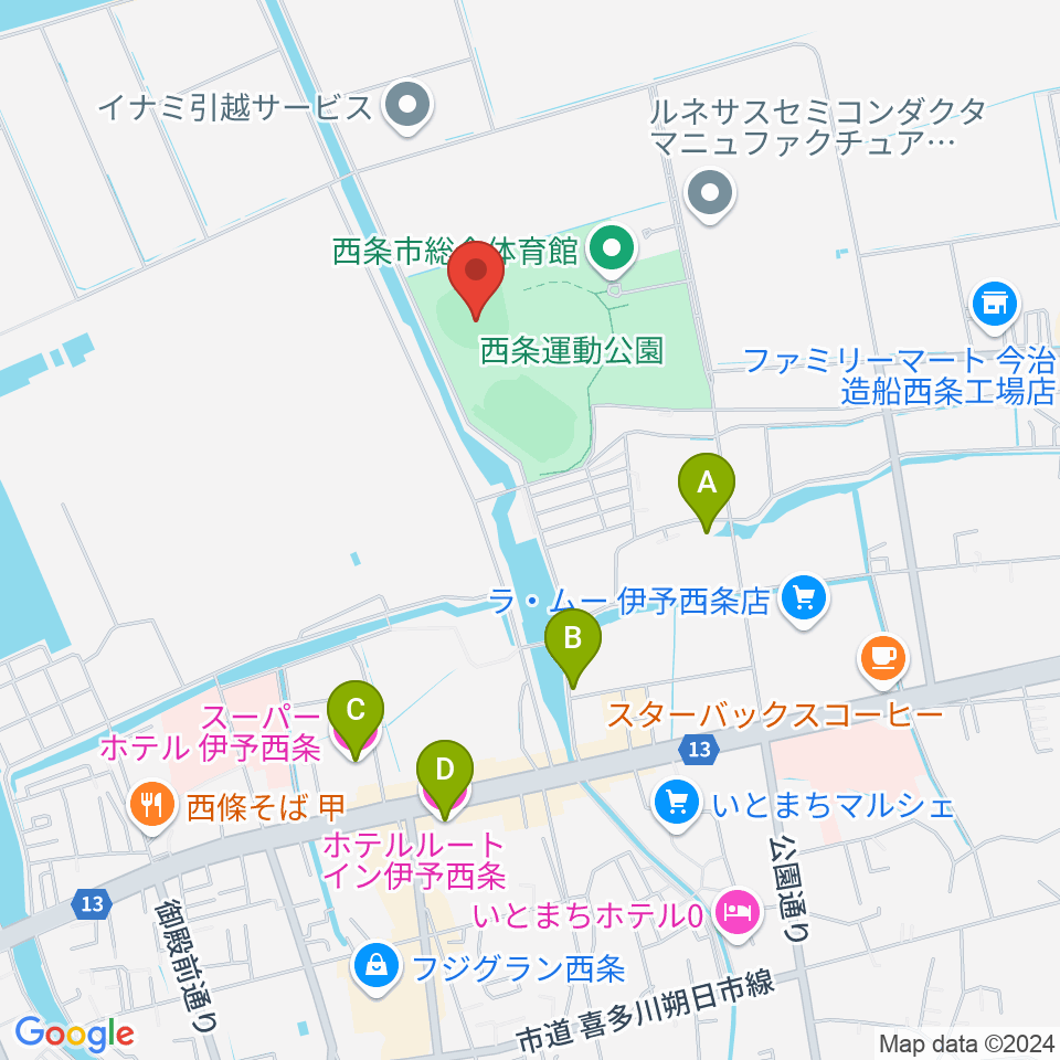 西条市ひうち球場周辺のホテル一覧地図