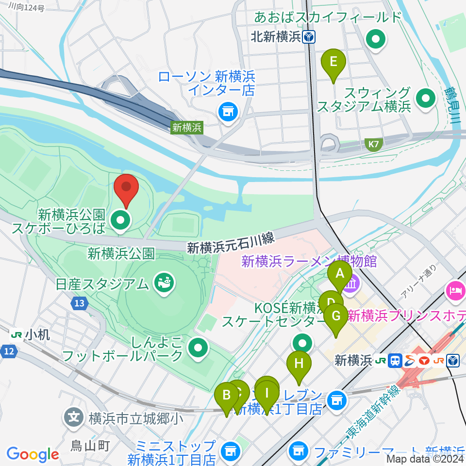 新横浜公園草地広場周辺のホテル一覧地図